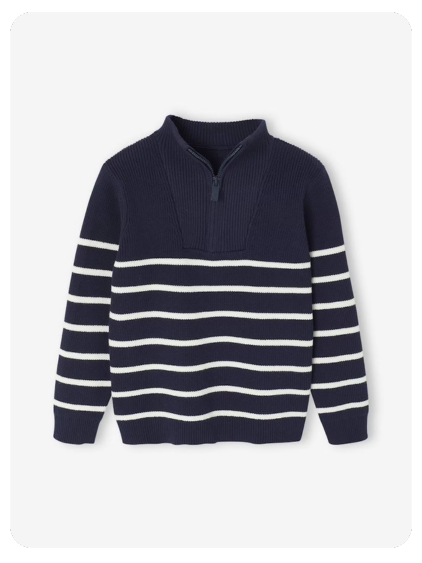 Gestreifter Strickpullover mit Reißverschluss-Kragen für Jungen - marine